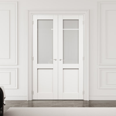 36" x 80" Half-Lite Frosted Glass Interior French Door with Silver Hardware & Latch & Door Lever, Tempered Glass Door Slab with Privacy, Paintable & Waterproof, Suit for Laundry, Closet Doors, Room Doors, Assembly Required