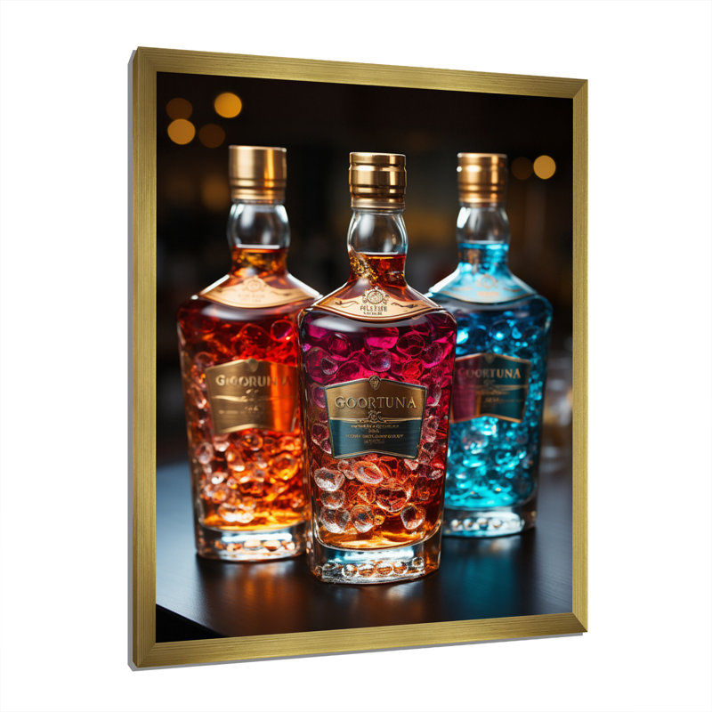 Liquor Spirit Drops Bottles II - Liquor, reproduction sur toile encadrée, Cadre doré simple, H 32 po x l 24 po x P 1 po