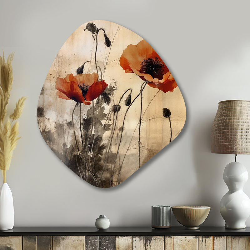 Art mural asymétrique en métal rétro, coquelicots beige II, H 35 po x l 31 po x P 1 po