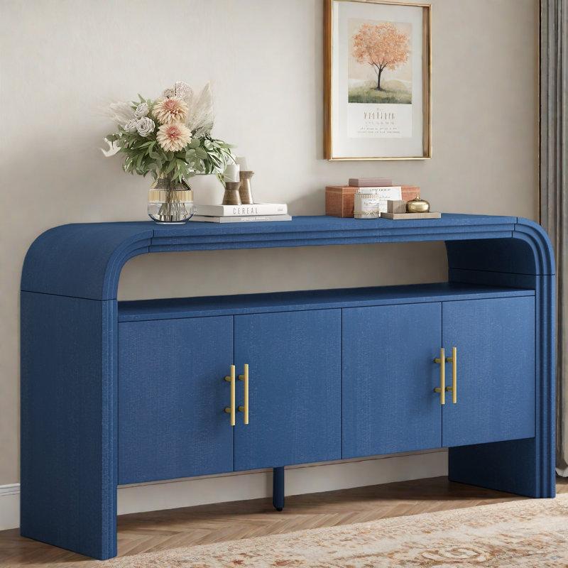 4-door Elegant Console Table With Natural Embossed Texture, Curved Edge And Metal Handles, Navy