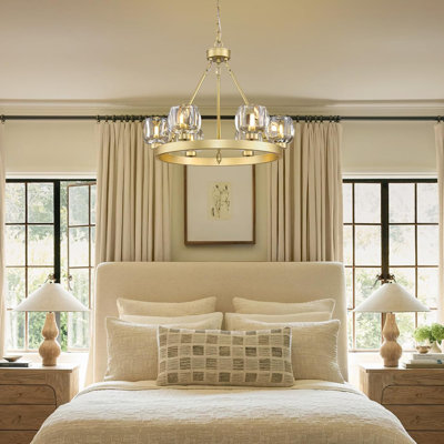 6 - Light Modern Farmhouse Gold Wagon Wheel Chandelier Round Pendant Lights With Glass Shades