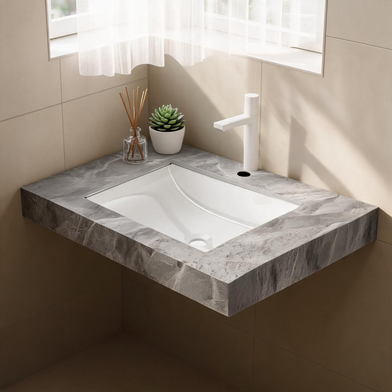 Comptoir en pierre frittée gris clair de 76 cm (30 pouces) et lavabo encastré en céramique avec un trou pré-percé pour robinetterie standard.