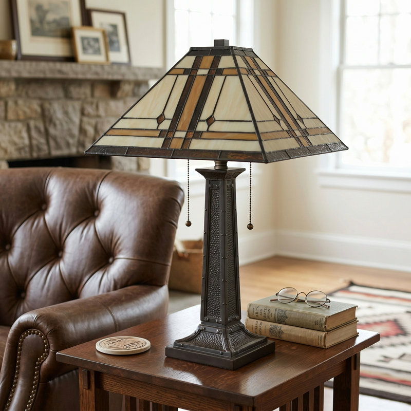 Lampe de table de style Tiffany de 24 po Millwood Pines - Éclairage en verre d'art de conception mission avec 2 ampoules DEL incluses - Décoration de pièce fabriquée à la main de style rétro