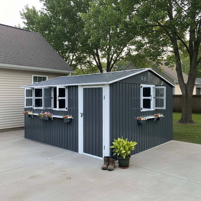 Remise de rangement extérieure en métal robuste de 12 x 10 pi avec fenêtres transparentes, support à fleurs décoratif, porte verrouillable et construction résistante aux intempéries pour une utilisation dans la cour, le patio ou le jardin.