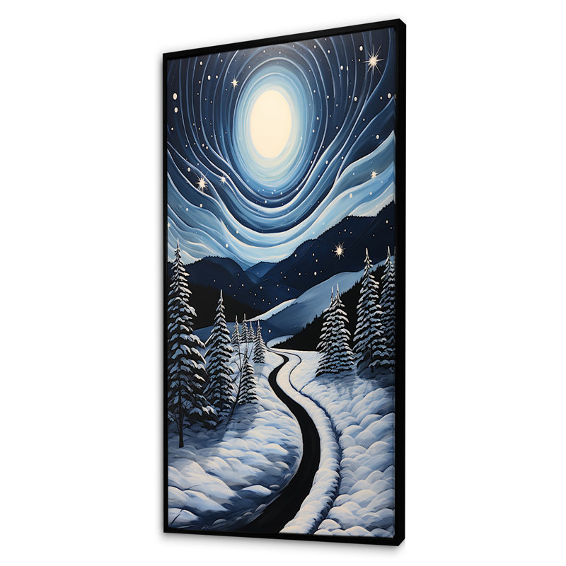 «Frosty Pathway Road Into Winter's Embrace I» - art mural, Cadre flottant noir, H 60 po x l 28 po x P 1,5 po