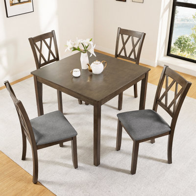 Ensemble de salle à manger 5 pièces en acacia - plateau carré de 34 po, chaises à dossier croisé, riche placage de noyer, coussins en lin, fabrication vietnamienne, élégance moderne