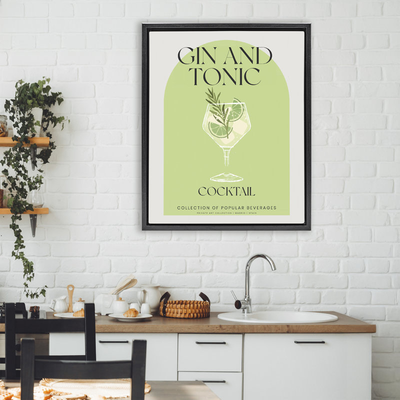 Élégant cadre flottant rétro gin et tonique, design par Lil 'Rue, H 31 po x l 25 po, Cadre flottant noir de jais