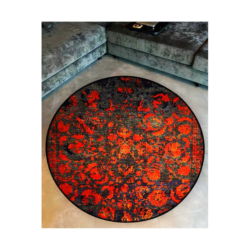 Anthracite Orange Red Abstract Patterned Woven Base Decorative Carpet, Round 2'8"