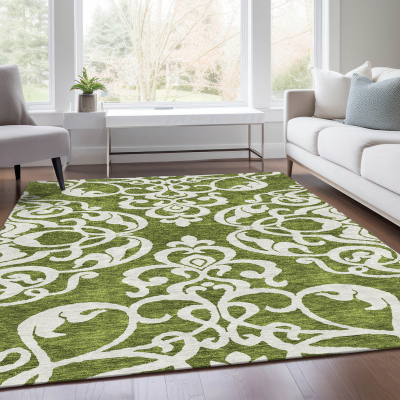 Premium Machine Washable Prisco Green Rug, Rectangle 8' x 10'