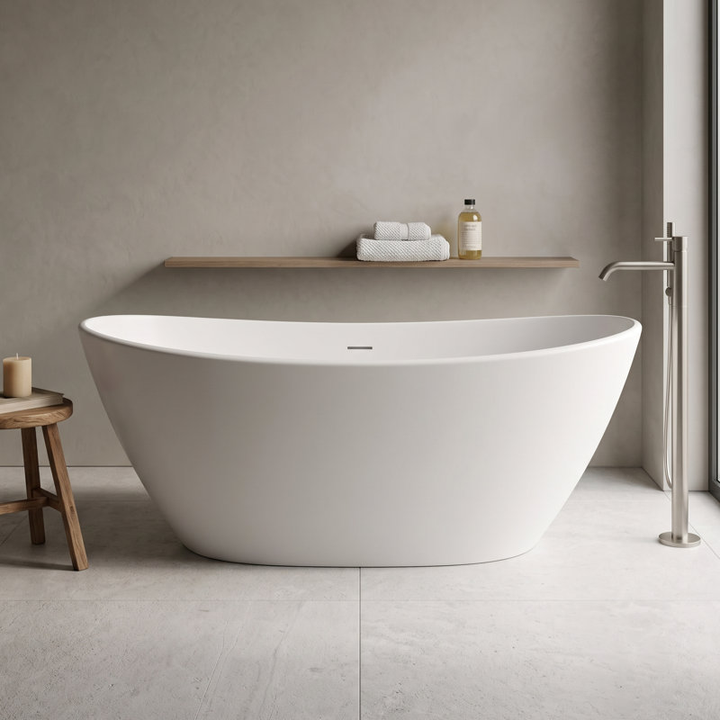 Baignoire de trempage autoportante ovale de 61 pouces à surface solide blanc mat, White