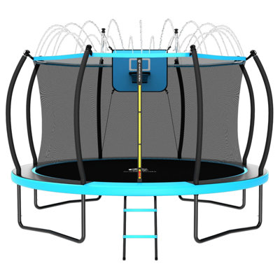 ACWARM HOME 10FT Heavy Duty Trampoline with Water Sprinkler & Basketball Hoop, Curved Anti-Collision Pole Outdoor Trampoline with Enclosure, No-Gap Design, Ladder & Wind Stakes, Light Blue