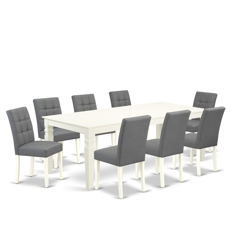 9 Piece Dining Set Includes A Wooden Table and 8 Platinum Gray Polyester Fabric Dinner Chairs with Stylish Back- Linen White Finish