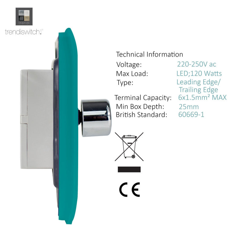 Trendi Switch 2 Gang 1 or 2 way 100w Rotary LED Dimmer Light Switch, Bright Teal