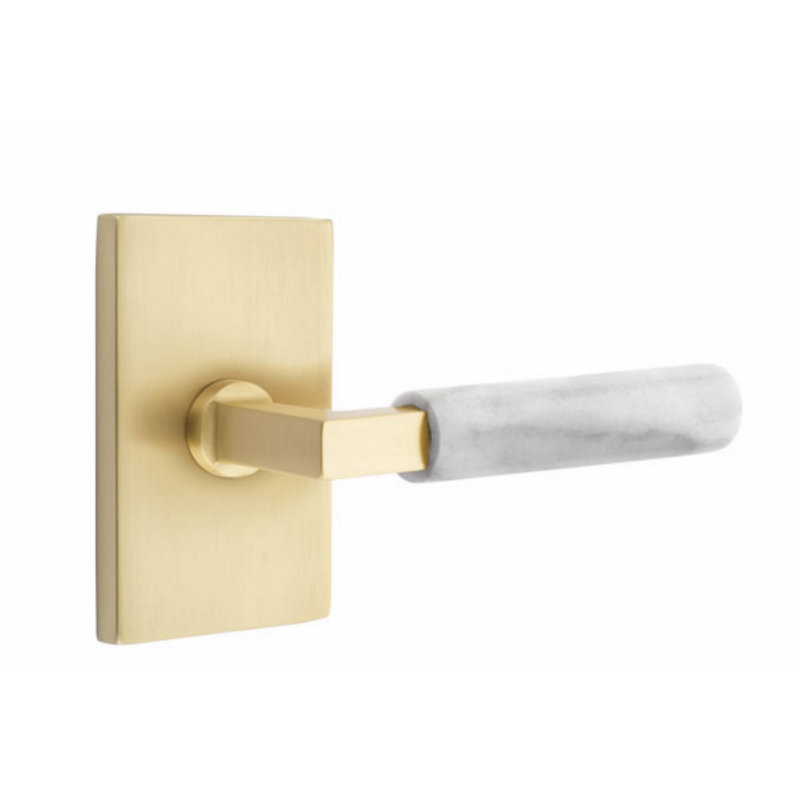 Ensemble de leviers d'intimité Emtek Select, rosette rectangulaire moderne, tige carrée en L, poignée en marbre blanc, gauche