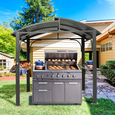 8X5ft Arc Roof Grill Shelter Outdoor - Double Galvanized, 2 Side Shelves, Bbq Gazebo For Garden, Grey Canopy Construction Backyard,