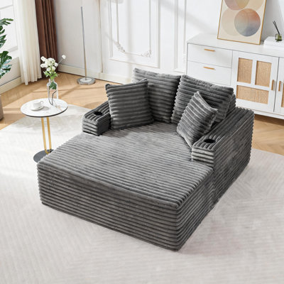 Méridienne surdimensionnée de 64 po pour l'intérieur, canapé-lit en velours côtelé désossé avec 2 coussins et 2 porte-gobelets, sans assemblage, canapé-lit à siège profond pour salon, chambre à coucher, gris