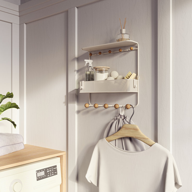 Estique White/Natural 10-Hook Wall Shelf with Perforated Metal Basket