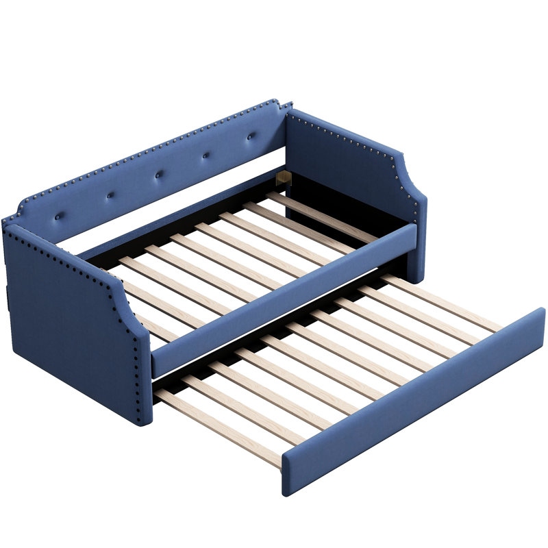 Lit de jour simple bleu tapissier avec couchette - tissu en lin, ensemble de lattes en bois pour l'installation, lit, Bleu