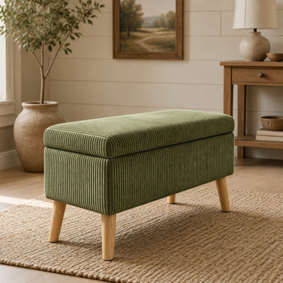 Banc repose-pieds de rangement en velours côtelé vert olive de 32 pouces de largeur avec pieds en bois, boîte de rangement rabattable, banc de bout rembourré doux, repose-pieds et banc à chaussures pour chambre à coucher, salon, entrée
