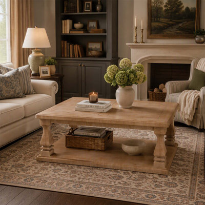 Rectangular Weathered Natural Farmhouse Coffee Table, Wood Plank Top with Thick Baluster Legs and Lower Storage Shelf