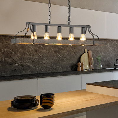 Luminaire suspendu vintage en or noir 34 pouces - 5 douilles E26, chaîne réglable pour la salle à manger et le salon avec îlot de cuisine