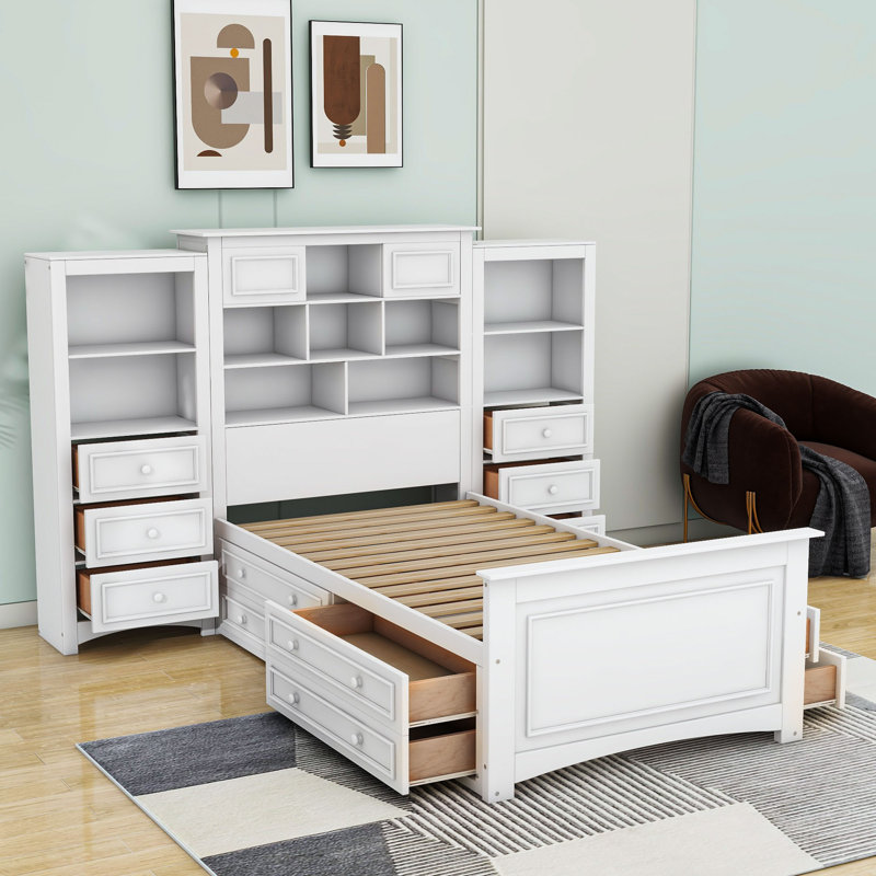 Eckhold Wood Bookcase Bed with Drawers, White