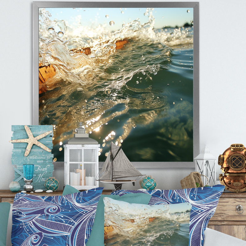 Green Sunset Waves - art mural côtier, Cadre simple argenté, H 30 po x l 30 po x P 1,5 po