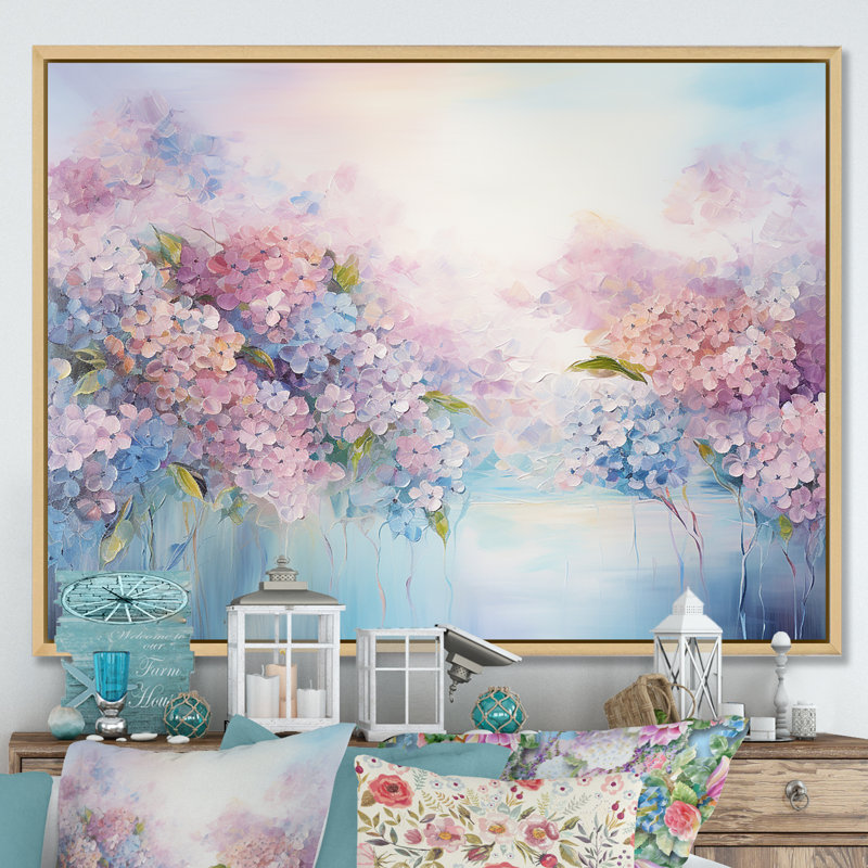 Hortensia bleue et rose Solitude dans la nature - décoration murale champ de fleurs, H 16 po x l 32 po x P 1 po