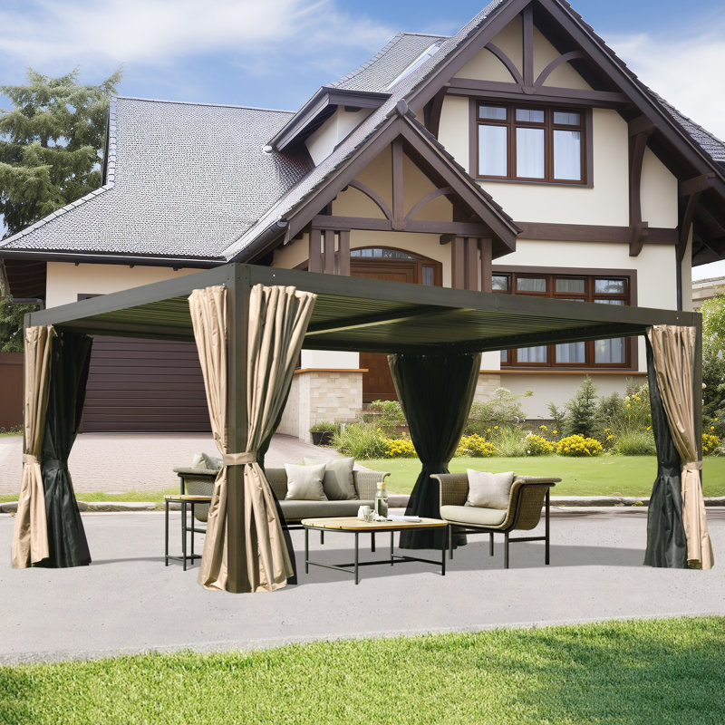 Pavillon de jardin en aluminium avec auvent, 16 pi x 12 pi, Brun