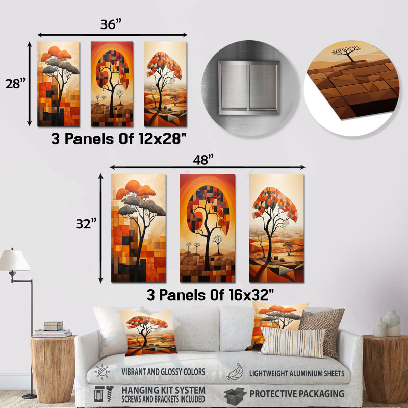 «Cubist African Tree Landscape I», ensemble de 3 reproductions d'art mural en métal, H 32 po x l 48 po