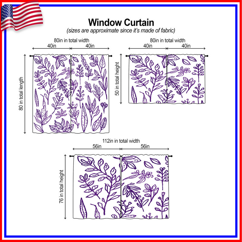 Rideaux de fenêtre mauve et botanique mauve à motif botanique mauve - 2 panneaux, 56 po x 76 po - 2 panneaux