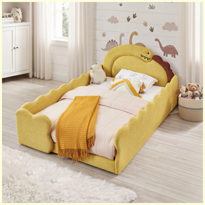 Full Size Dinosaur-Shaped Bed with Safety Guardrail, Solid Wood Bed Frame, Boucle Fabric Upholstery, for Kids & Toddlers
