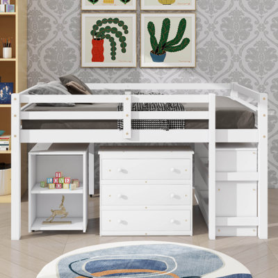 Lit mezzanine pleine grandeur compact avec armoires intégrées, tablettes et bureau roulant
