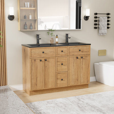 Ensemble de meuble-lavabo à double cuve 48 "avec plateau en résine, air bois naturel, assemblage requis