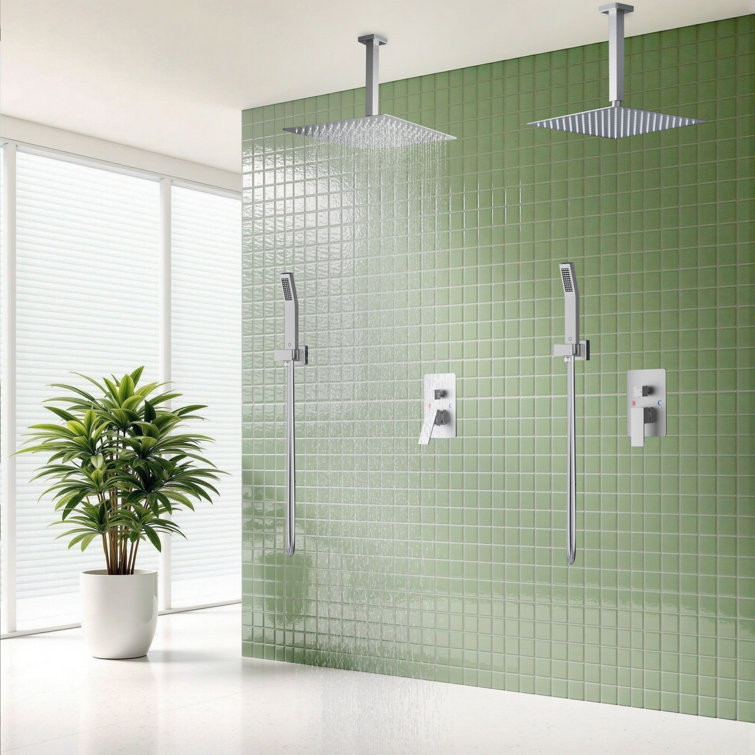 12 In Rainfall Shower System - Ceiling Mount, Rain Shower Heads With Handheld Spray Combo, Thermostatic Shower Faucet Set Complete Shower Trim Kit With Rough-In Valve