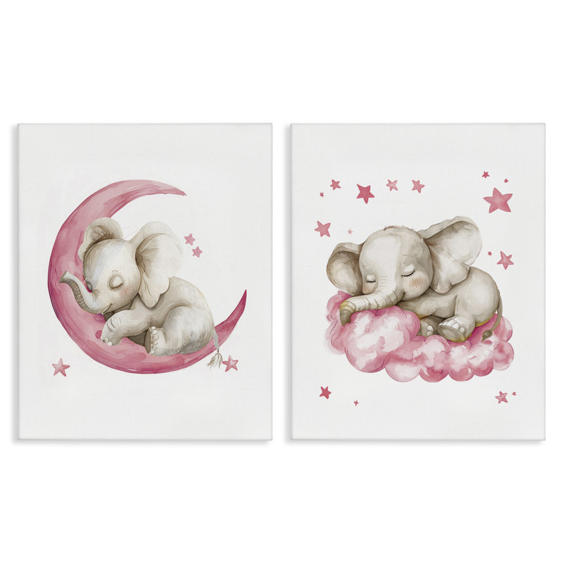 «Pink Sleepy Elephant», ensemble de 2 toiles murales par LSR Design Studio, H 30 po x l 24 po