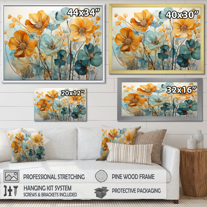 «Teal Orange Botanical Fragments I - Abstract Botanicals», art encadré, Cadre flottant doré, H 24 po x l 32 po x P 1 po