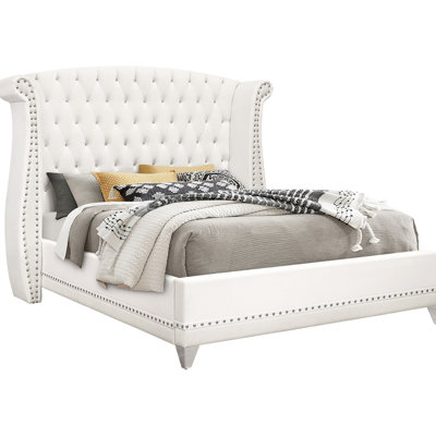 King Bed With White Upholstered Wingback, Crystal Button Tufting, And Details For Bedroom Sophistication In Velvet Upholstery, Tall Wingback Headboard, - Trimmed Legs Relaxation