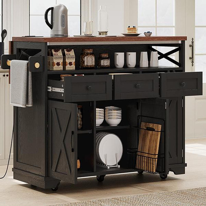 46.5'' Farmhouse Kitchen Island With Drape Of Beads, Power Outlet, Rolling Kitchen Cart On Wheels With Drop Leaf, 3 Doors , 3 Drawers And Internal Iron Shelf, For Kitchen, Dining Room, Black