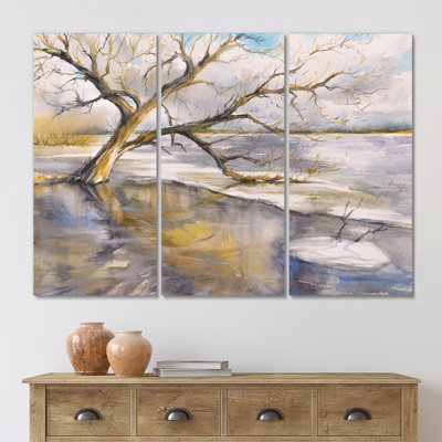 Arbre près de la rivière - peinture sur toile tendue 3 pièces