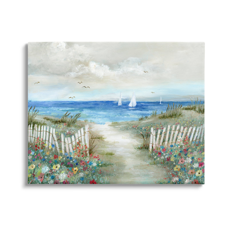 Tranquil Beachside Flower Meadow Ocean Sail Sailers par Nan - peinture sur toile à cadre flottant, Toile tendue
