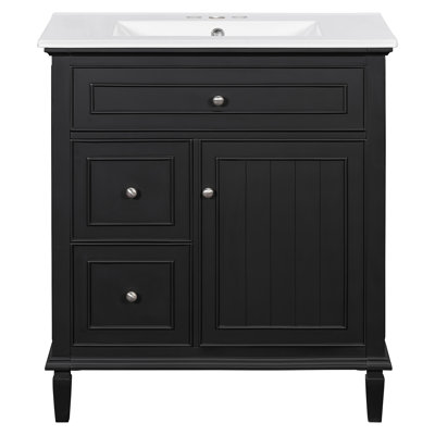 Meuble-lavabo avec lavabo, meuble-lavabo avec un tiroir rabattable et deux tiroirs, tablette réglable, bois massif et panneau de fibres à densité moyenne