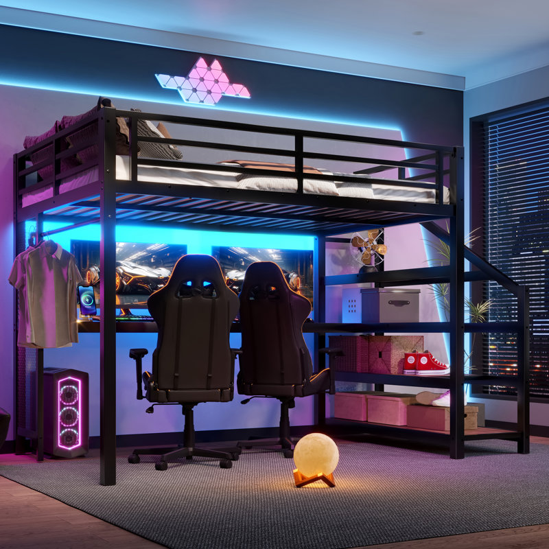 Full Loft Bed With Desk And Storage Stairs, Metal Loft Beds With LED Lights, USB Ports, Multifunctional Iron Nets, No Spring Box Needed And Noise-Free, Black