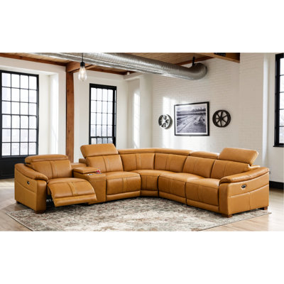 Canapé d'angle en similicuir avec fauteuil inclinable réglable, console de rangement et porte-gobelets, 5 places, couleur gingembre, largeur 115,15 po, profondeur 30,65 po, hauteur 30,65 po, poids 425,86 lb (forme tonique).