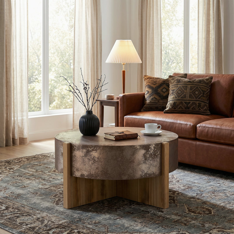 Nyla Rustic Coffee Table with Handcrafted Wood Legs, 15.94'' H x 33.46'' W x 33.46'' D, Antique Rustic/Brown
