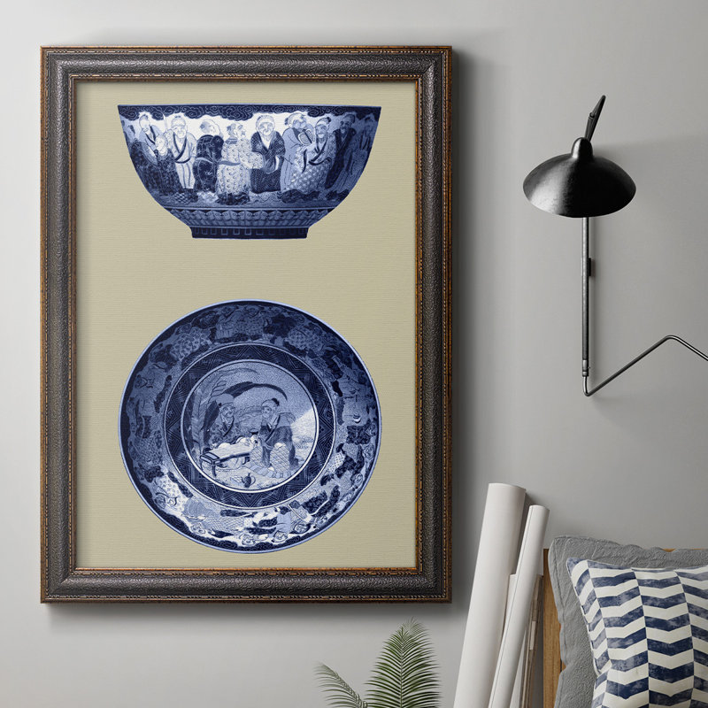 Porcelaine en toile encadrée bleue et blanche de qualité supérieure - prête à être accrochée, H 20 po x l 16 po x P 2,5 po