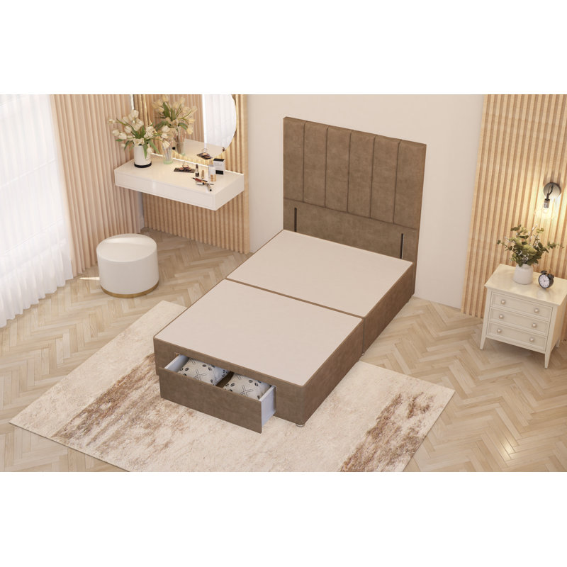 Asterin Divan Bed Base with 54" Floor Standing Headboard Plush Velvet, 1 Foot-end Drawers, Double (4'6), Beige