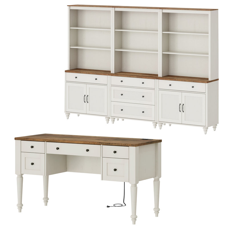 2 Piece Office Set, 56" Executive Desk, Bookcases With 5 Drawers And 2 Doors, White