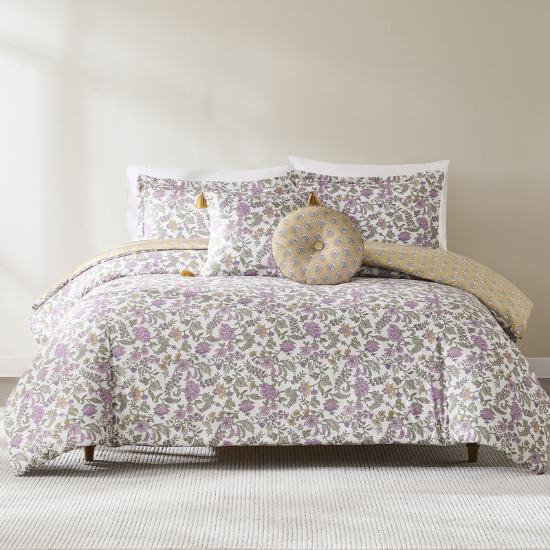 Lillian Block Print Reversible Comforter Blue/Sage 3Pc Set, King Comforter + 2 Shams + 2 Pillows, Purple