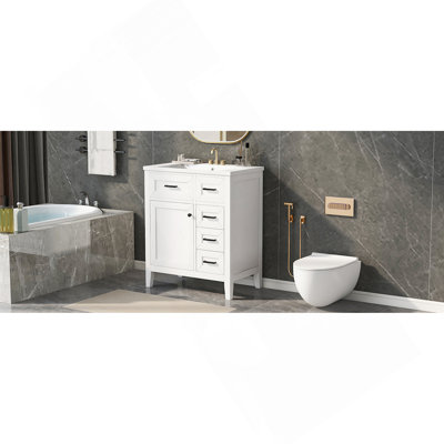 Ensemble de meuble-lavabo 30 po avec lavabo, armoire de salle de bain blanche avec tiroirs, structure solide et panneau de fibres à densité moyenne